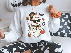 Preppy Nurse Halloween Ghost Sweatshirt – Spooky Cute Nurse Life Crewneck, Funny Halloween Gift for Nurses | Made in USA