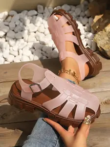 Summer New Transparent Jelly Thick Sole Roman Sandals, Vintage British Style Height Increasing Women's Shoes, Fashionable and Comfortable