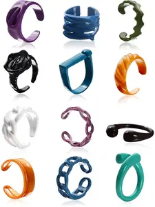 Colorful 12 Pcs Trendy Chunky Open Rings Colorful Vintage Stacking Rings for Women Men Y2K Plastic Cute Wide Square Dome Chain Knuckle Ring Set Black Blue Purple Orange White Green Trendy Jewelry Gift Stackable Rings