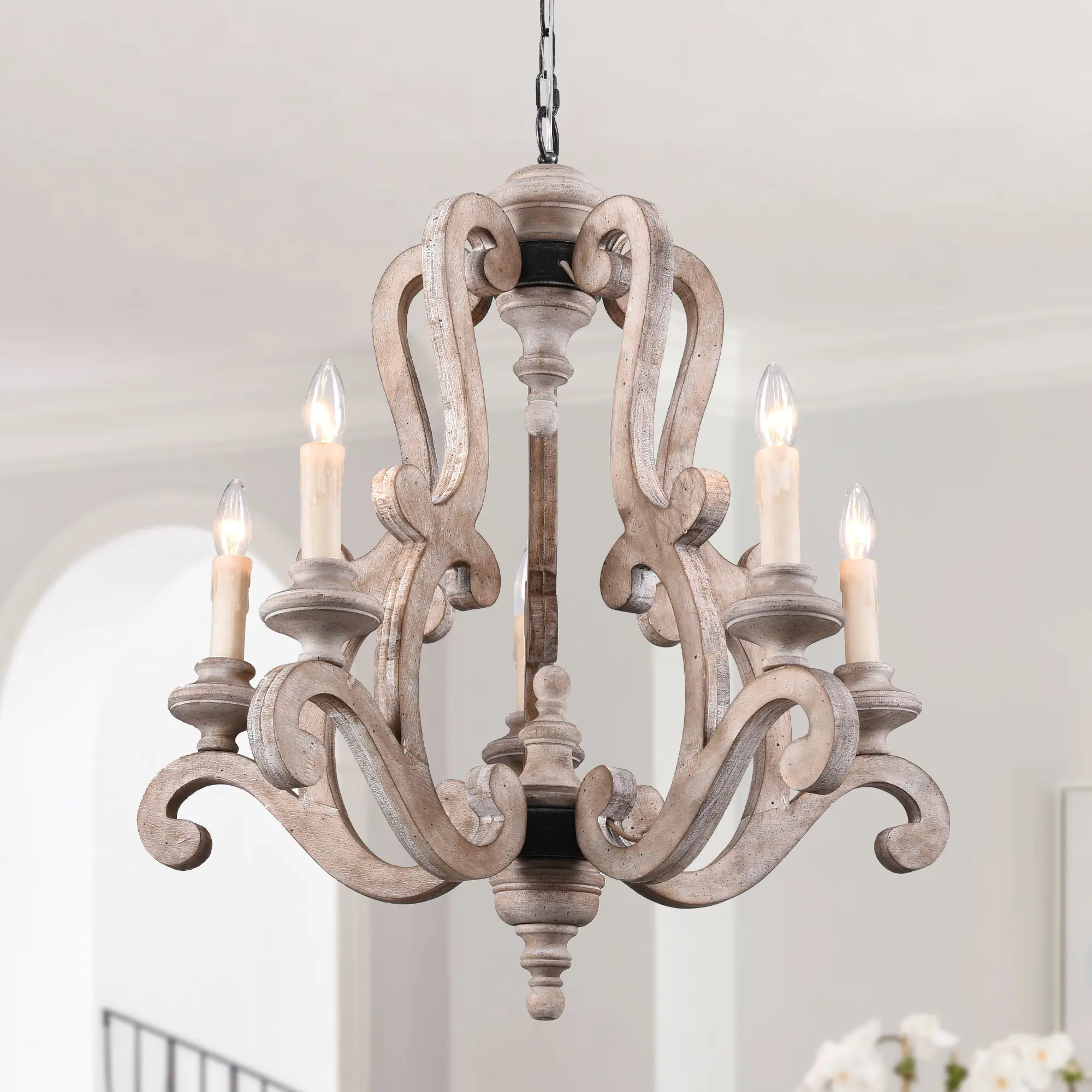5 Lights 23.2" Small Size Classic Distressed Wood Chandelier with 70" Adjustable Chain for Home Decoration