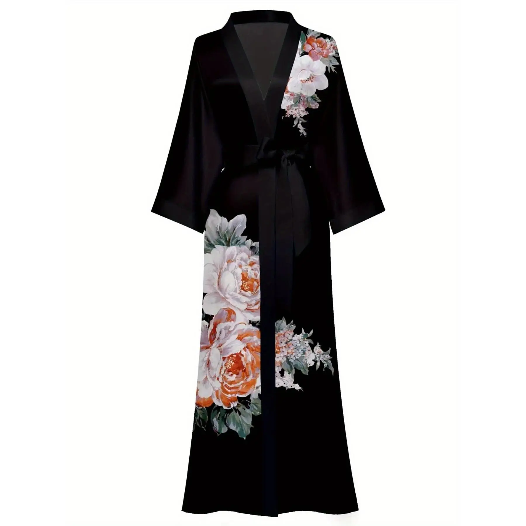 Women's Silky Woven Satin Bathrobe - Floral Print, V-Neck, Black Polyester-Spandex, Casual Elegant Style, All-Seasons Cozy, Full-Length Kimono Loungewear, Sleepwear, Wedding Makeup Robe ER183515