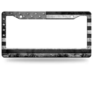 Grey Black American Flag Stainless Steel - Round-Hole License Plate Frame | Alumina, Funny, 2-Hole, 12 x 6 Inch | Car Accessories Number Plates