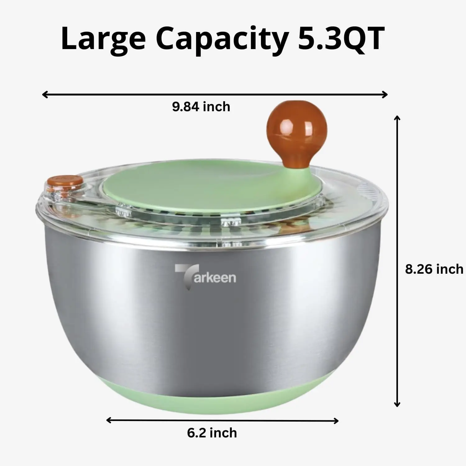 Stainless Steel Salad Spinner with Storage Lid, 5.3Qt, | BPA-Free, 5-in-1 lettuce spinner with non-slip base, dishwasher safe, 5 slicer blades, egg yolk separator, Stop Button