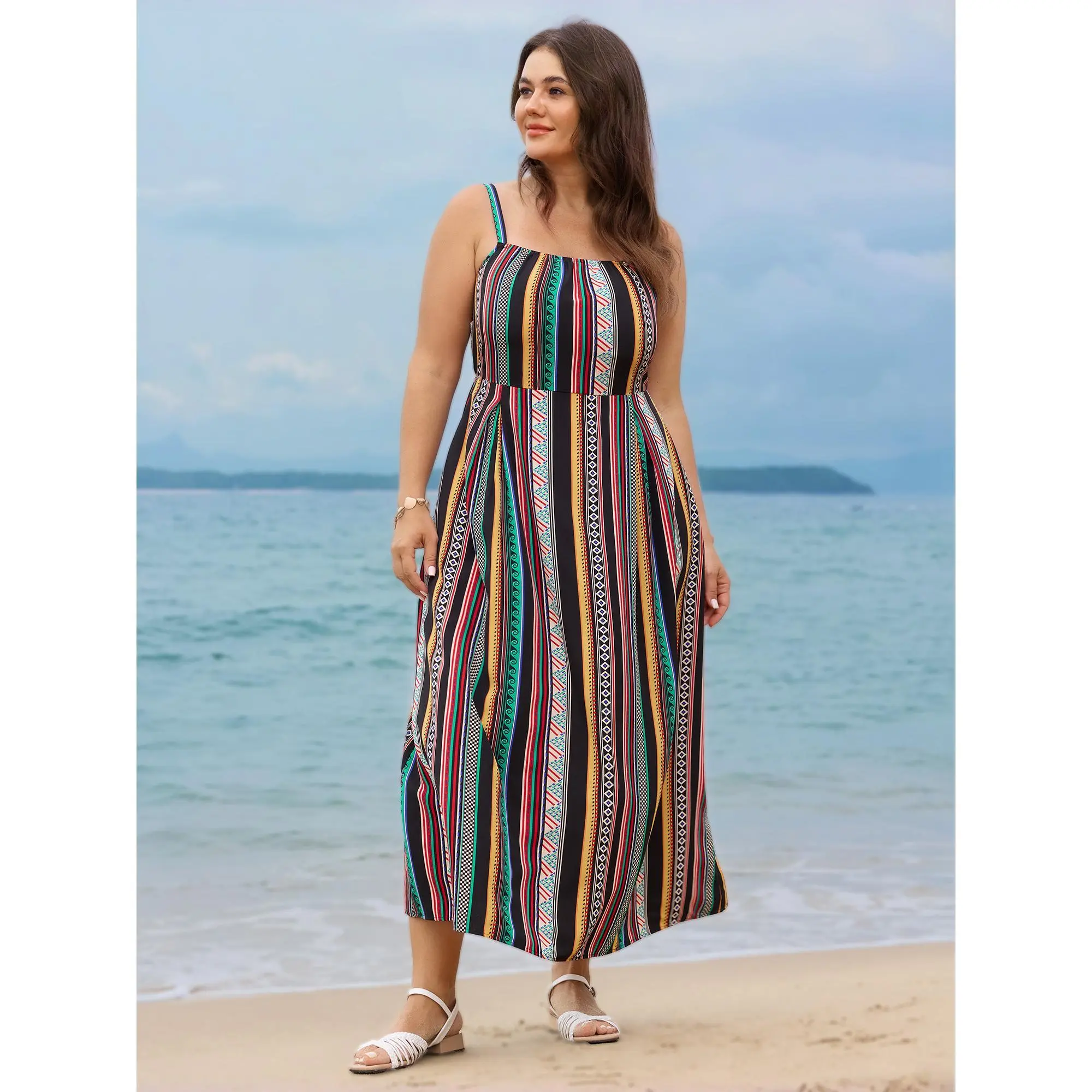 BloomChic Plus Size Boho Multicolor Striped Maxi, a Casual Summer Garment in Smooth Low Iron Polyester Fabric with a Backless Tie Detail, Bowknot, Hippie Style, Dress, Iron Gently, Maxi Length, Stripe Pattern, Cold Wash, Pull On, Women, Lady, Bohemian
