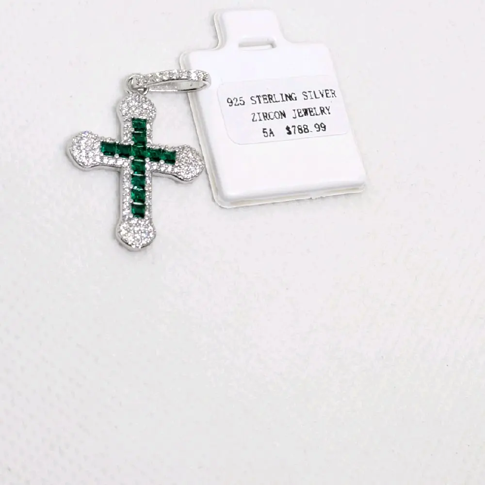 925 Silver Cross Shape Green Emerald Moissanite Pendant, Sterling Silver Jewelry Accessory