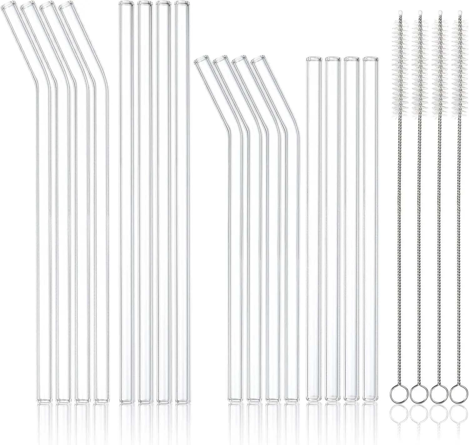 20 Pack Reusable Glass Straws and Brushs, Size 10''x10MM and 8.5''x10MM Each Including 4 Straight and 4 Bent, Clear Glass Drinking Straw with 4 Cleaning Brushes Perfect for Juice, Smoothies, Cocktail