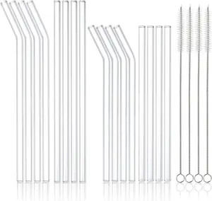 20 Pack Reusable Glass Straws and Brushs, Size 10''x10MM and 8.5''x10MM Each Including 4 Straight and 4 Bent, Clear Glass Drinking Straw with 4 Cleaning Brushes Perfect for Juice, Smoothies, Cocktail