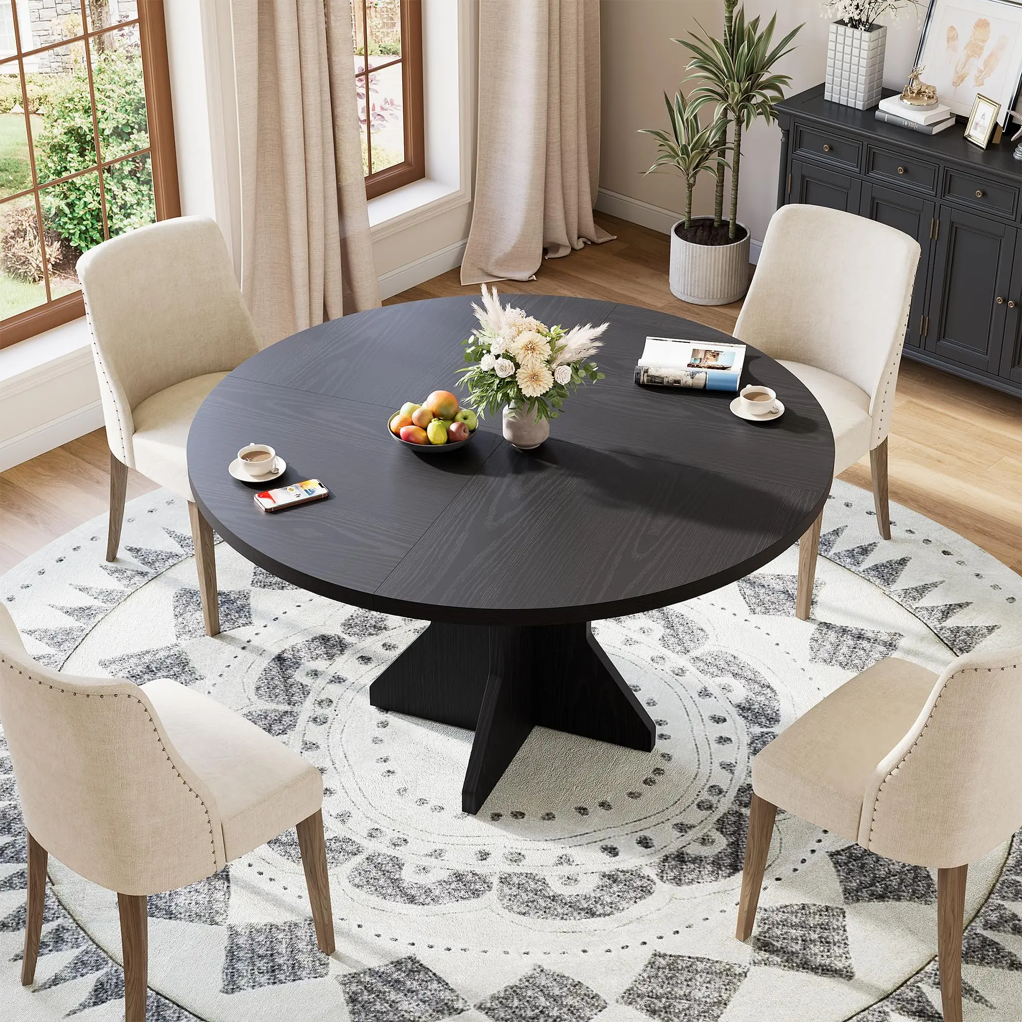 Black Round Contemporary Dining Table - 47" Modern Kitchen Table for 4-6 People, Sturdy Pedestal Base, Space-Saving Indoor Furniture for Living Room, Apartment