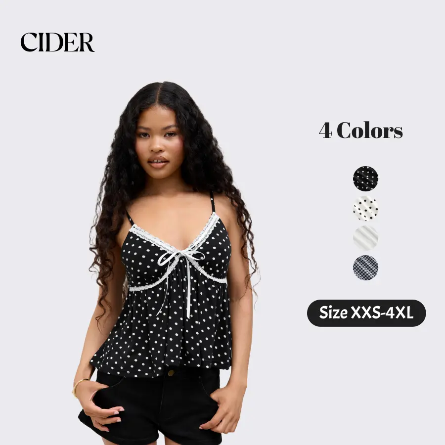 Cider Vintage Summer Polka Dot Cami Top for Casual Daily, Elegant Contrasting Binding Blouse, Ladies V-Neck Shirts, Retro Vacation Outfits, Lady Tops SummerWins SummerFinds