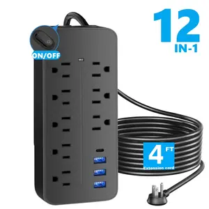 1pc Plug Power Strip Surge Protector, with 8 AC Strips, 3 USB Ports/C Type, Overload Protection, Automatic Shut Off, Very Suitable for Home and Office - Black