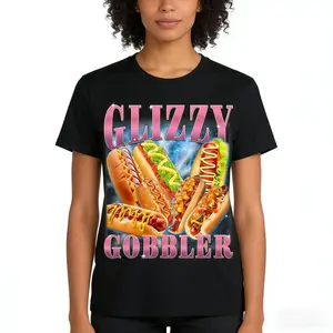 【Viral TikTok Meme】Glizzy Gobbler Sparkly Pink Font Colorful Space Hot Dog Graphic Black T-Shirt - Retro Y2K Unisex Oversized Funny Streetwear, Casual Summer Food Meme Tee for Men & Women