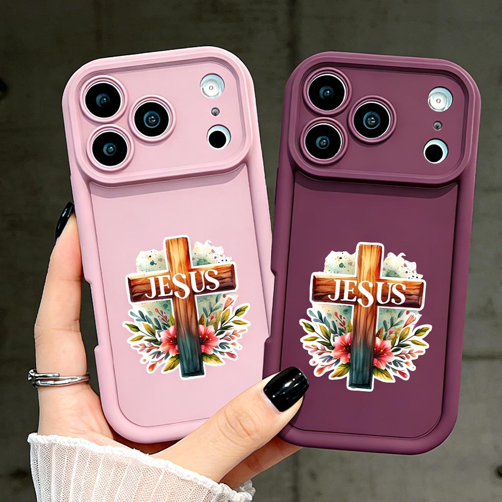Jesus Floral Cross Phone Case for iPhone 11/12/13/14/15/16/17 Pro Max Plus & 17 Air, Christian Religious Watercolor Shockproof Case TYJT260409024
