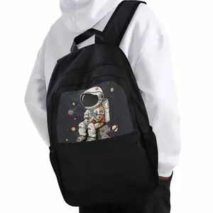 Casual Backpack Little astronaut printing for Teens - Lightweight, Large Capacity, Adjustable Straps, Black nylon Fabric, Simple Cartoon Design, Upper Part Printing Perfect for School, Commute & Casual Use, Secure Zipper Closure
