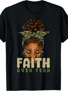 Faith Over Fear Christian Camo African American Afro Women T-Shirt Black Same Style for Men And Women 2026 Summer Short-Sleeved Printed T-Shirt 180G
