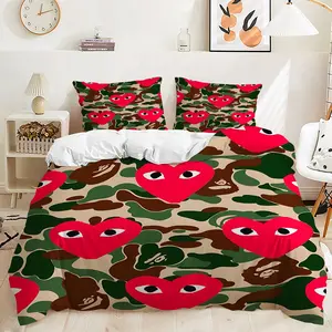 Camo Heart Pattern Duvet Cover Set, 2/3Pcs Green Bedding Set, Soft Microfiber Fabric, Cozy Breathable, for Bedroom, Dorm, Game Room, Great for Urban Fashion Lovers. Includes 1 or 2 Pillowcase - No Filling/Zipper Closure