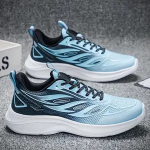 [Athletic Performance] Men's Breathable Athletic Sneakers - Stylish Blue & Black Gradient, Versatile Casual Running Shoes with EVA Sole, Lace-Up Closure for Spring/Summer/Fall