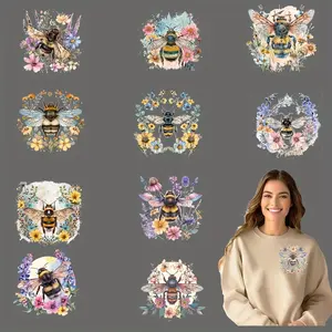 Watercolor Bee & Floral Iron-on Transfers, Vivid Designs, Art, DIY Washable Heat Press Decals for T-shirts, Jeans, Backpacks, Clothing Decals