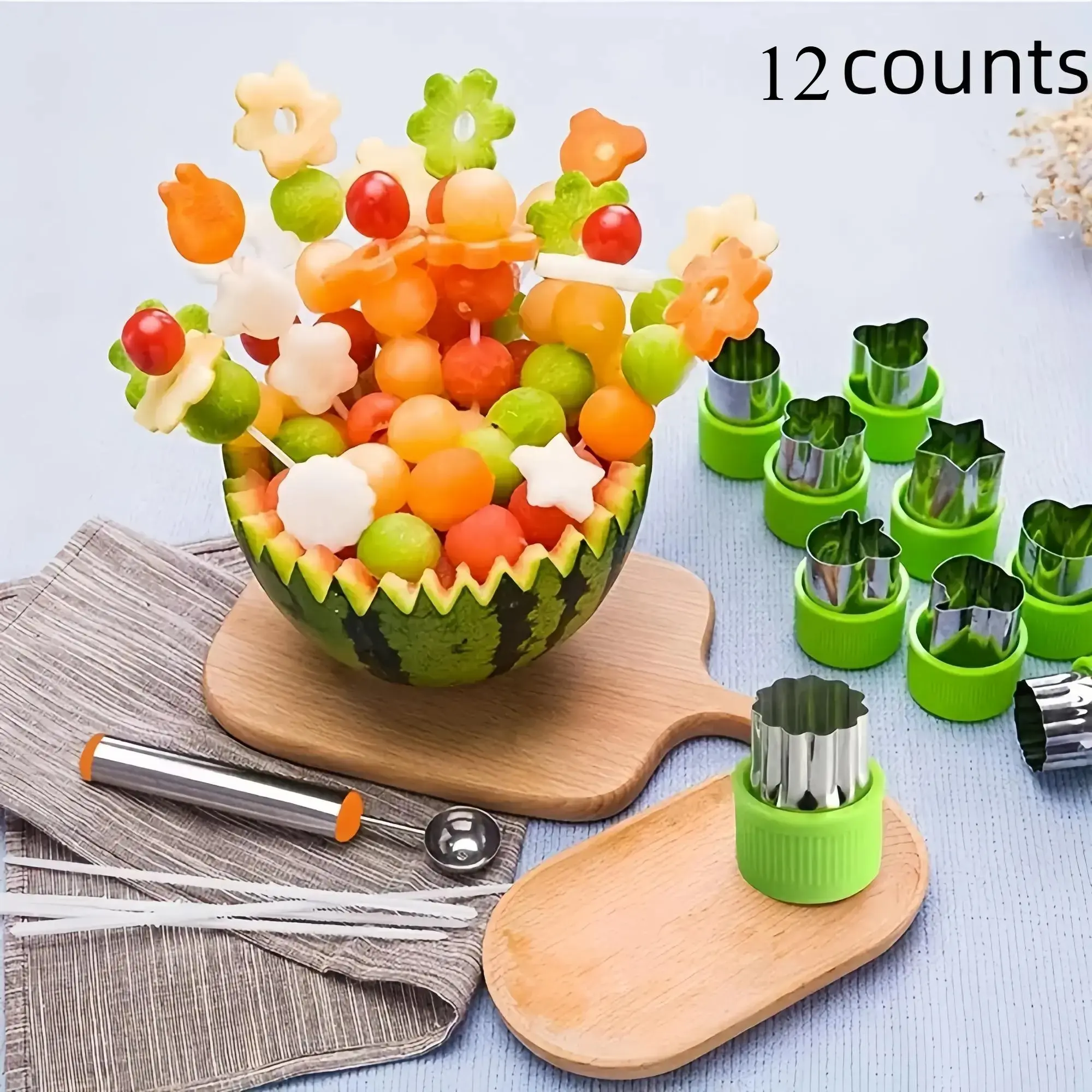 13-Piece Non-Slip Smooth Stainless Steel Fruit & Vegetable Cutter Set with 1 Demoulding Rod, Kitchen Bakeware for Food Preparation, Home Use Baking Utensils for Children’s Fun Shapes