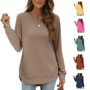 Womens Sweatshirt Crewneck Long Sleeve Shirts, Casual High-Low Tops with Curved Hem for Daily Wear Comfy Fit