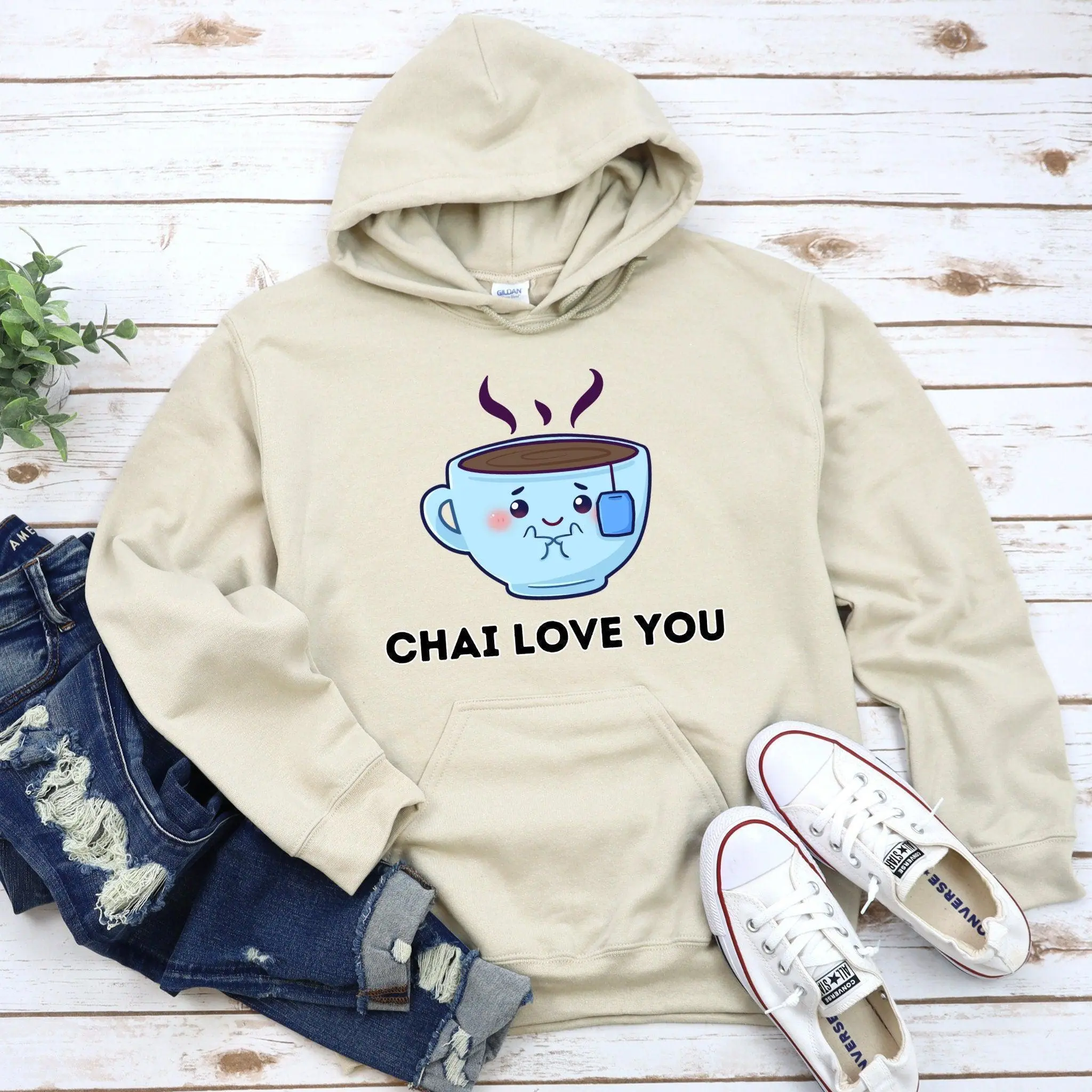Chai Love You Hoodie by Humraha | Desi Arab Muslim Fashion Apparel Gifts for Ramadan Eid Nikkah Wedding Couples Families New Moms Aunts Uncles Grandparents | Pakistan India Bangladesh Palestine Lebanon Egypt Syria