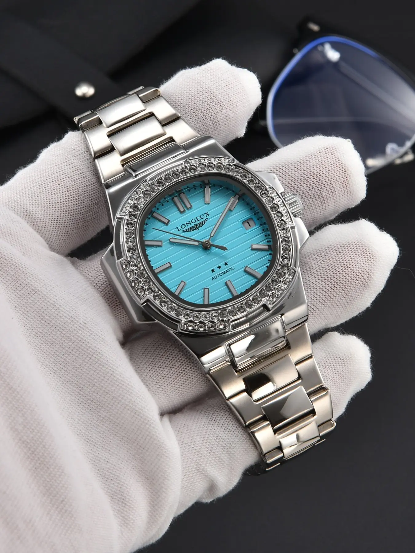 Men's Automatic Mechanical Watch with Calendar Function, Luxury Steel Strap, Rhinestone Decor, Waterproof Design, Perfect Party Gift, Stainless Steel Wristwatch, Automatic Watches