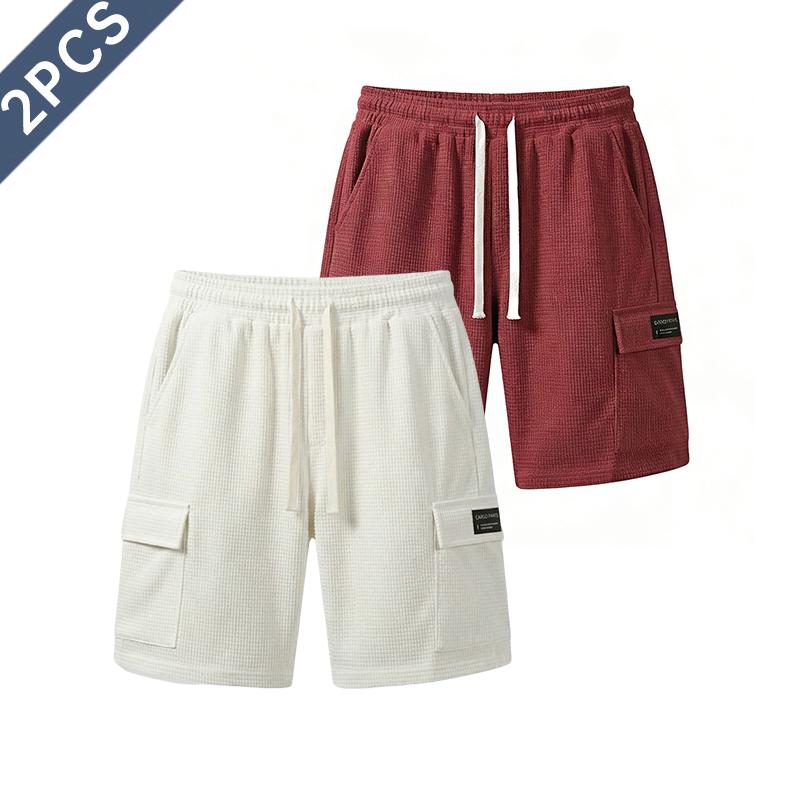 2-pack men’s athletic casual shorts, mid-length shorts for summer with a waffle texture, elastic waistband and drawstring; comfortable and breathable—ideal for the beach, outdoor hiking, everyday wear, and commuting.