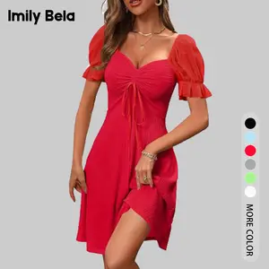 Imily Bela Essentials Womens Summer Short Puff Sleeve Mini Dresses Drawstring Sweetheart Neck Casual Slim Flowy Dress Sundress