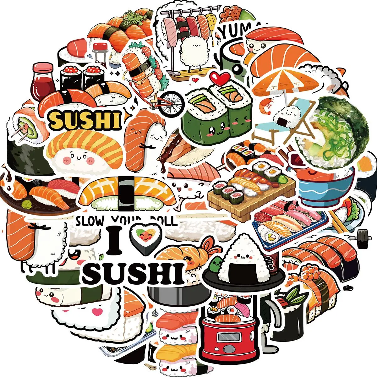 Cute Sushi Roll Rice Sticker, 50pcs/set Kawaii Japanese Food Vinyl Waterproof Sticker, Decorative Sticker for Water Bottles Laptop Phone, Ornaments