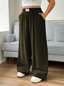 Elegant Casual Straight Leg Pants for Women, Spring Summer Pure Color Patched Long Trousers, Comfortable Daily Wear