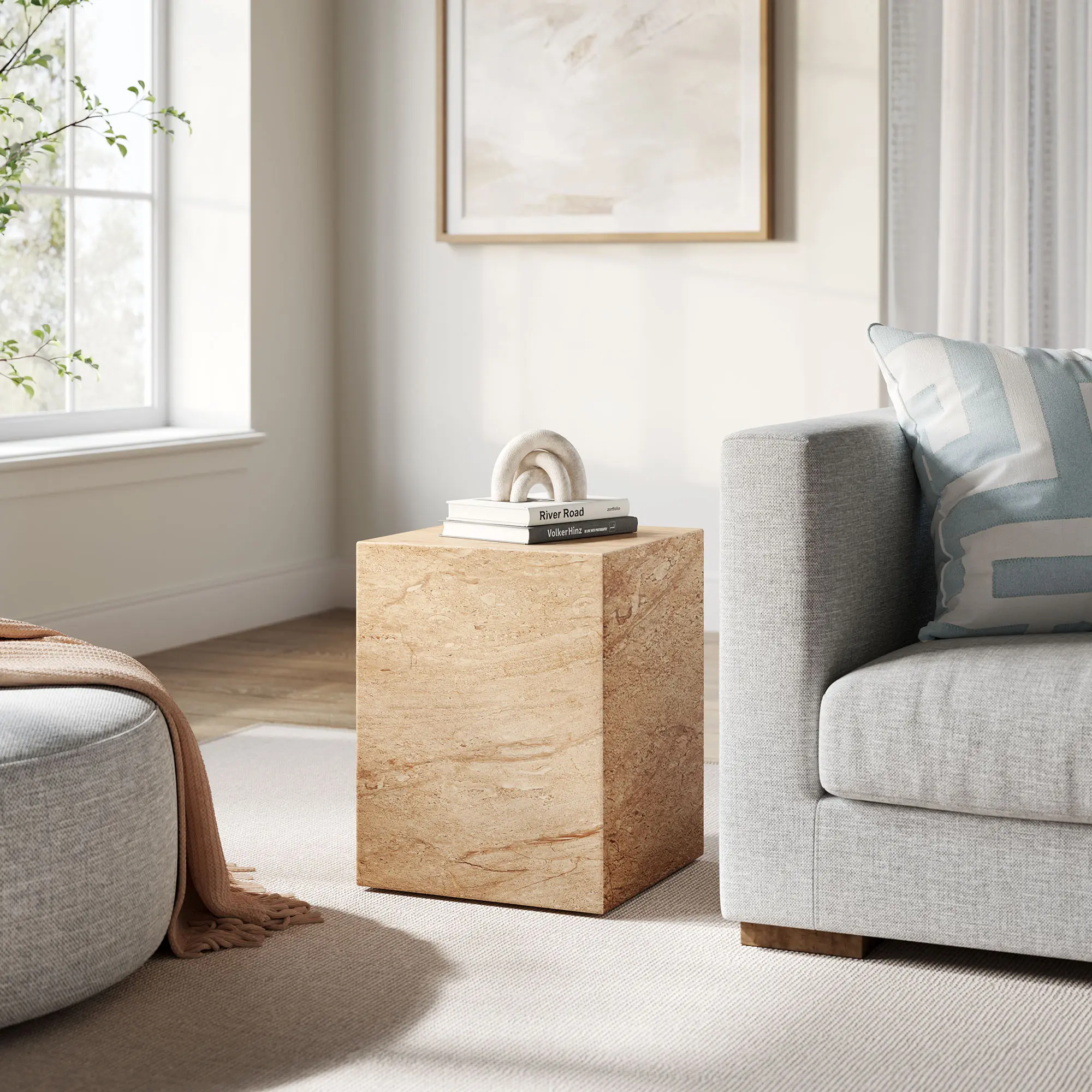 Jordana Square Plinth Indoor - Outdoor Patio Concrete Side Table in Travertine