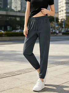Summer Women's Slim Fit Mid-Waist Straight Leg Casual Pants, Comfortable Lightweight Fashion Athletic Long Pants, Elastic Waist, Multiple Colors Available