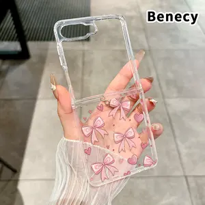 Pink Bow Reverie Pattern Protective Case for Z Flip 7/6/5/4, Double Protection Transparent Foldable Cover with Camera Lens Guard