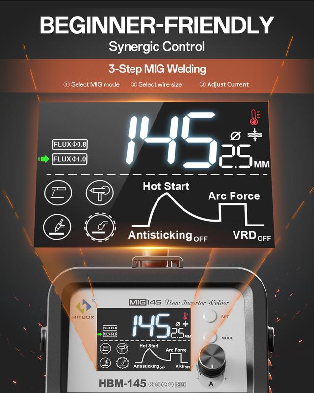 HITBOX HBM145 Mig Welder 110V/220V Upgraded 145A 4-in-1 Gasless MIG/Lift TIG/MMA with Spool Gun & LED Display for Home & Professional Use