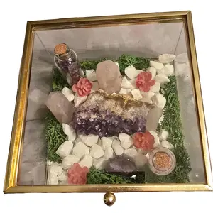 Crystal Terrarium with Yellow Aventurine Moon, Carnelian Heart, Sunstone Spheres & Potion Jar - Elegant Glass Display for Home Decor - Box