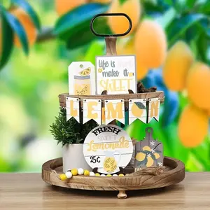 Lemon Themed Tiered Tray Decoration, 13pcs/set Wooden Lemon Decoration, Creative Lemon Decor, Farmhouse Kitchen Table Decoration