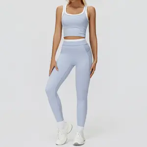 Women's Two-Piece Colorblock Yoga Set, High-Waisted Ribbed Casual Fitness Sportswear, Versatile Gym Workout, Yoga Tracksuit Set