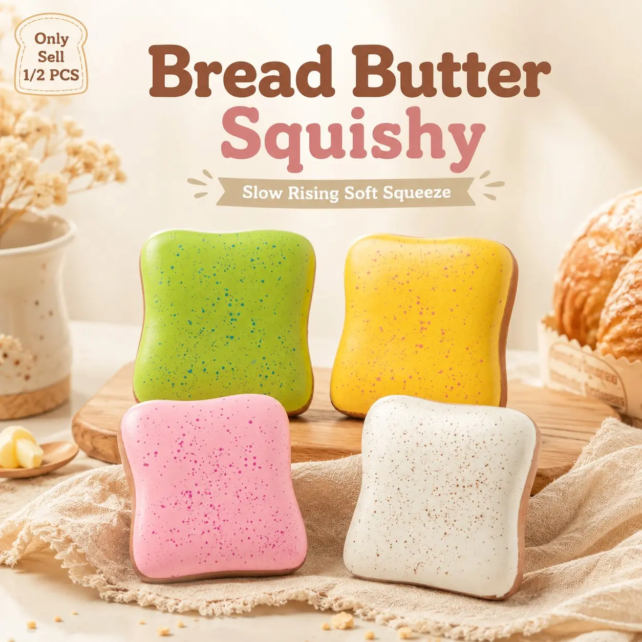 1/2/4 PCS Bread Butter Squishy, Stress Relief Squishy, Slow Rising Bread Butter Squishy Stress Ball Toy, Soft Bakery Style Squeeze Fidget With Realistic Toast Design for Desk, Home & Travel Use