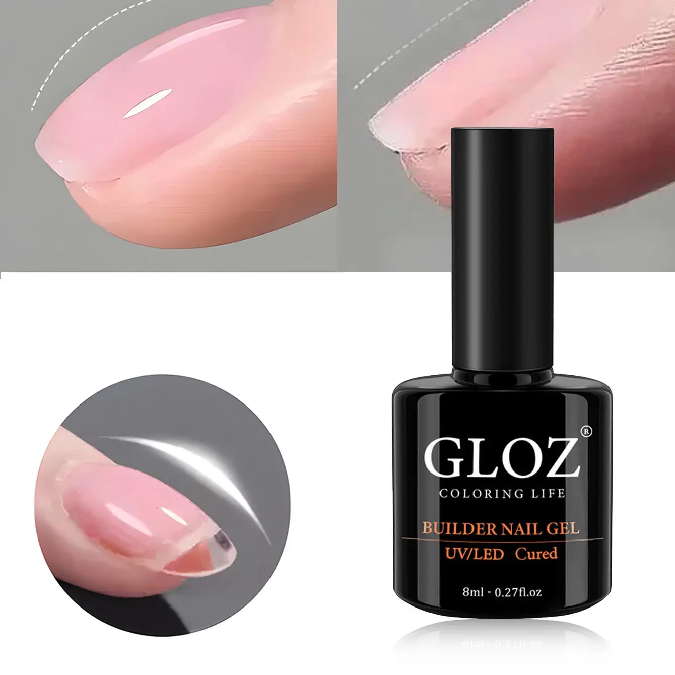 GLOZ 8-in-1 Pink Clear Builder Gel BIAB Manicure Gels | Nail Strengthener & Apex Builder | Rubber Base for Thin Nails | Soak Off UV/LED Removable | Beginner & Salon DIY | Nail Care Nail Art
