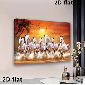 2D Flat, 2D Flat Seven Lucky Horses Canvas Wall Art Woven Bachelor Party Decor WoodFramed Wild Horses Print for Living Room Bedroom Office Home Ornament Gifting Suitable for Her and Him 1pc	