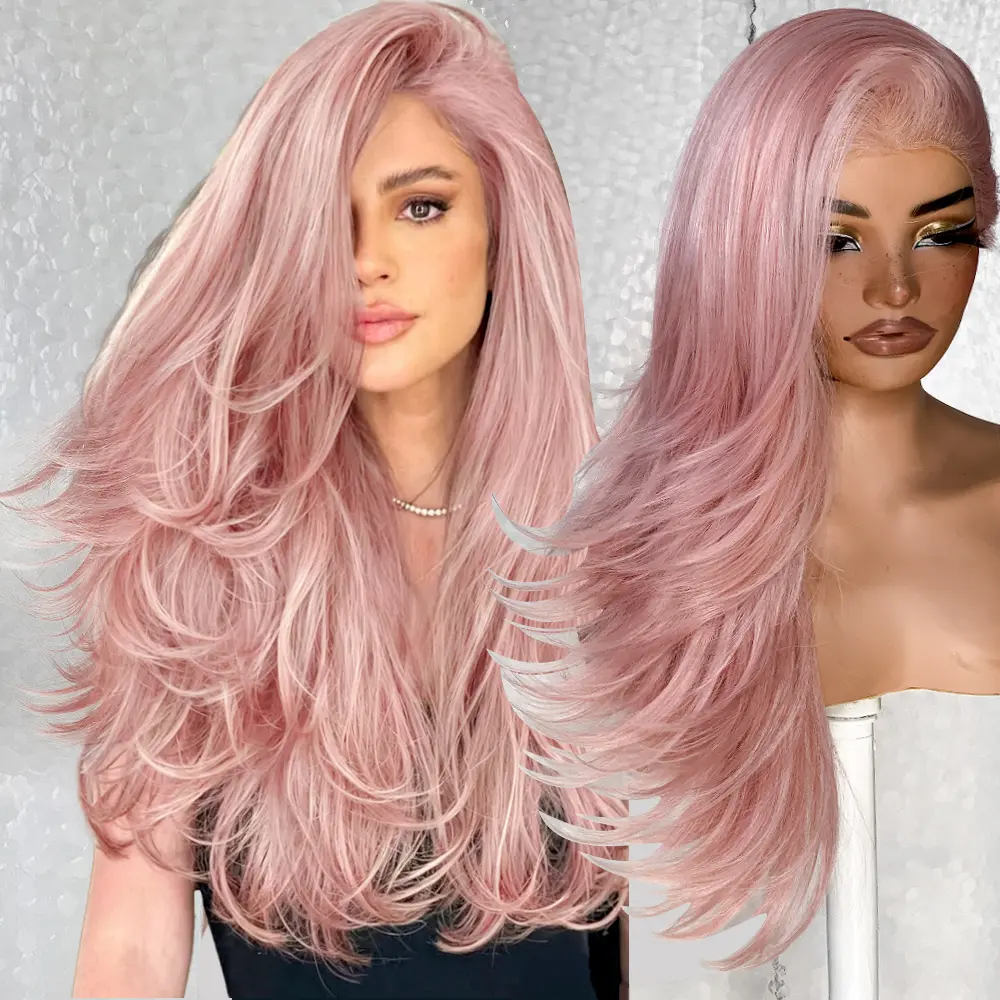Pink Wig 13x6 HD Lace Layered Pro Max Wig Glueless Pre Plucked Pre Cut Light Pink Synthetic Hair 200% Density with Bangs Vivid Self Growing Clean Hairline Beginners Firendly For Daily Wear,Patry,Summer Events#26inch