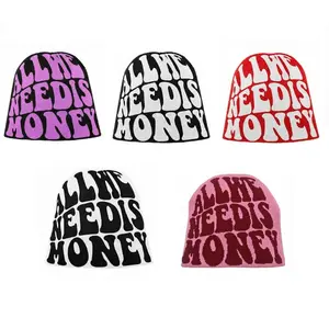 All We Need Is Money Y2K Knitted Beanie Hat Vintage Letter Jacquard Soft Unisex Cap for Men & Women Machine Washable Spring Summer Accessory Streetwear Casual Outfits summerwins