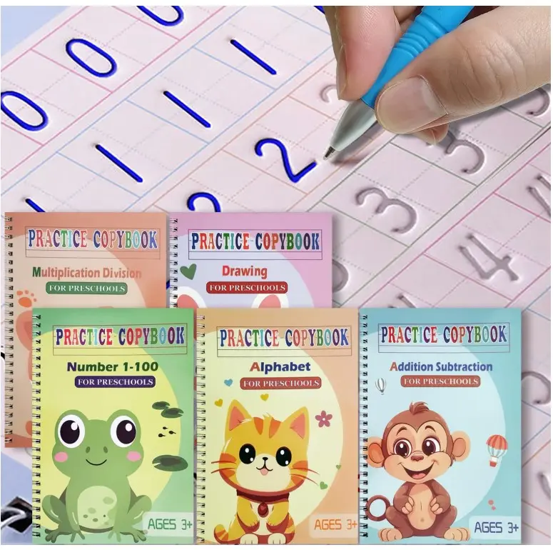 Practice Copybook 5 Pack with Pens, Groove Reusable Magical Handwriting Workbooks, Tracing Letters Numbers, Math, Kindergarten Sight Words for Kids