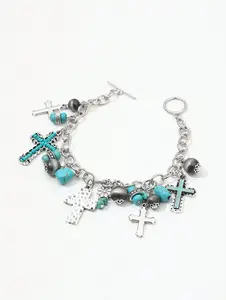 1pc Western Cowgirl Style Turquoise Crown Heart Butterfly Cross Navajo Pearl Multi-Element Fashion Beaded Bracelet