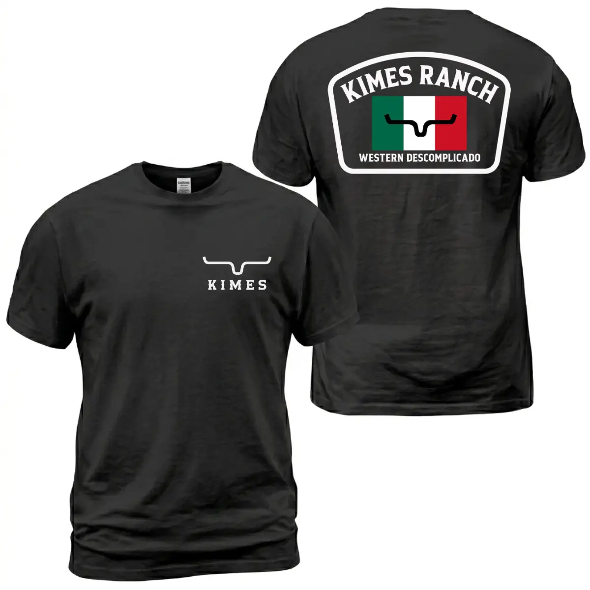 Kimes Ranch Western Descomplicado T-Shirt, Western Ranch Graphic Tee, Mexico Flag Bull Horn Badge Print, Front Chest Logo And Large Back Print Tee, Black Cowboy Country Outfit Gift For Men And Women