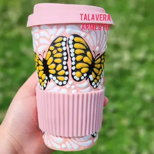 Pink talavera Butterfly tumbler travel mug handmade handpainted birthday gifts for her Ceramic Coffee Cup Washable home kitchen decor floral design Drinkware Lid Mexican Decor Reusable