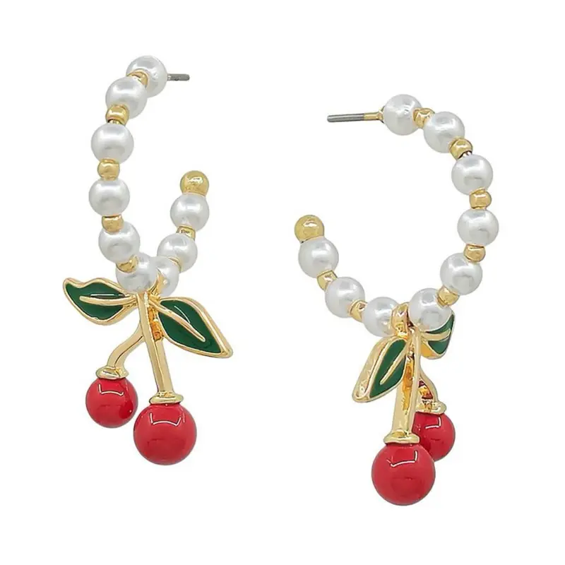 PEARL BEAD CHERRY CHARM OPEN HOOP EARRING