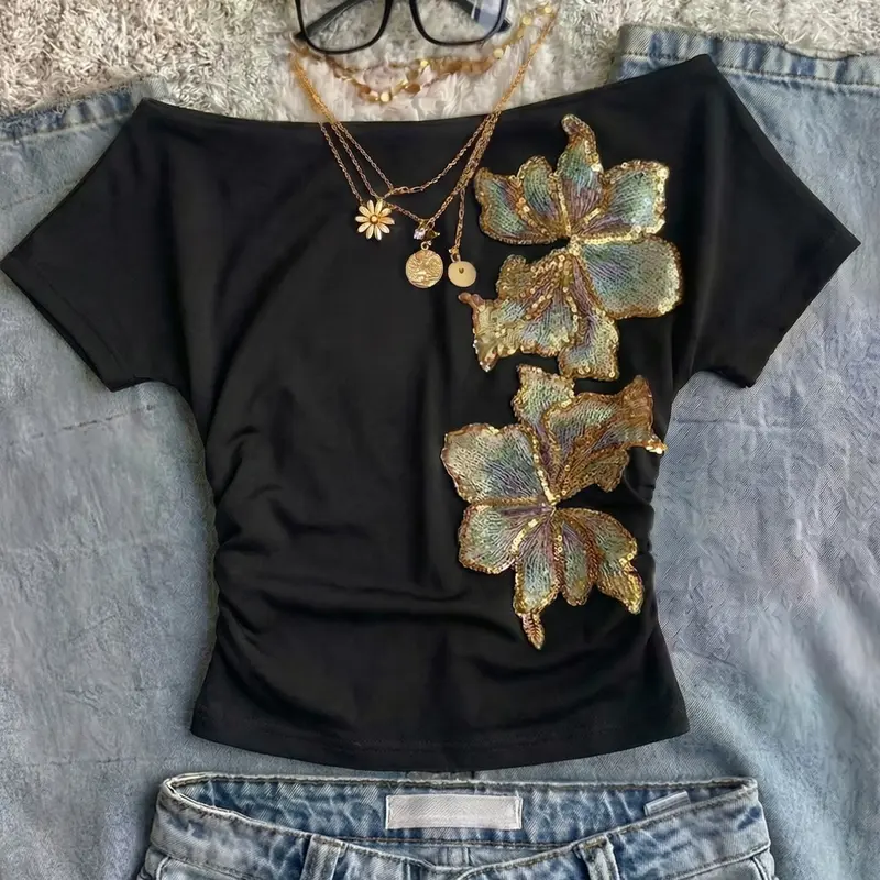 One Shoulder Plain Slim Fit Short Sleeve Crop Top, Eye-Catching Sequin Flower Decoration Everyday Fashion Versatile Tee, Floral Aesthetic Fashion Streetwear Apparel