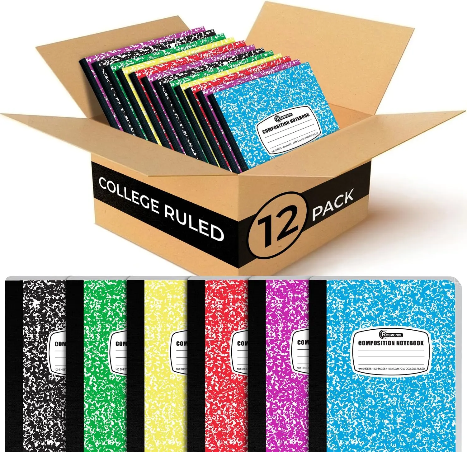 Rosmonde 12 Pack Bulk Composition Notebooks College Ruled, Assorted Colors | Composition Notebook For School, 200 Pages (100 Sheets), 9-3/4 x 7-1/2, Hard Cover, College Ruled Notebooks For Office