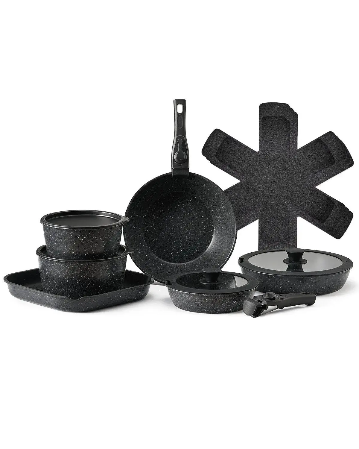 VEVOR 17-Piece Compact Thick Granite Non-Stick Square Cookware Set - Detachable Silicone Handles, Transparent Glass Lids, Oil-Saving, Space-Saving, Induction Safe Anti-Adhesive Cookware Set for Frying