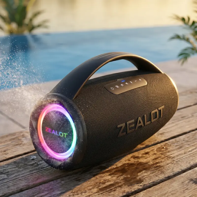 ZEALOT S97 120W Compact Portable Bluetooth Speaker - Loud Output, Deep Bass, Stereo Sound, IPX6 Waterproof, RGB LED Light, 16000mAh Battery, USB Type-C, 2.8kg Lightweight, USB+BT+SD Compatibility, for Pool Parties, Camping, Music Lovers Gifts